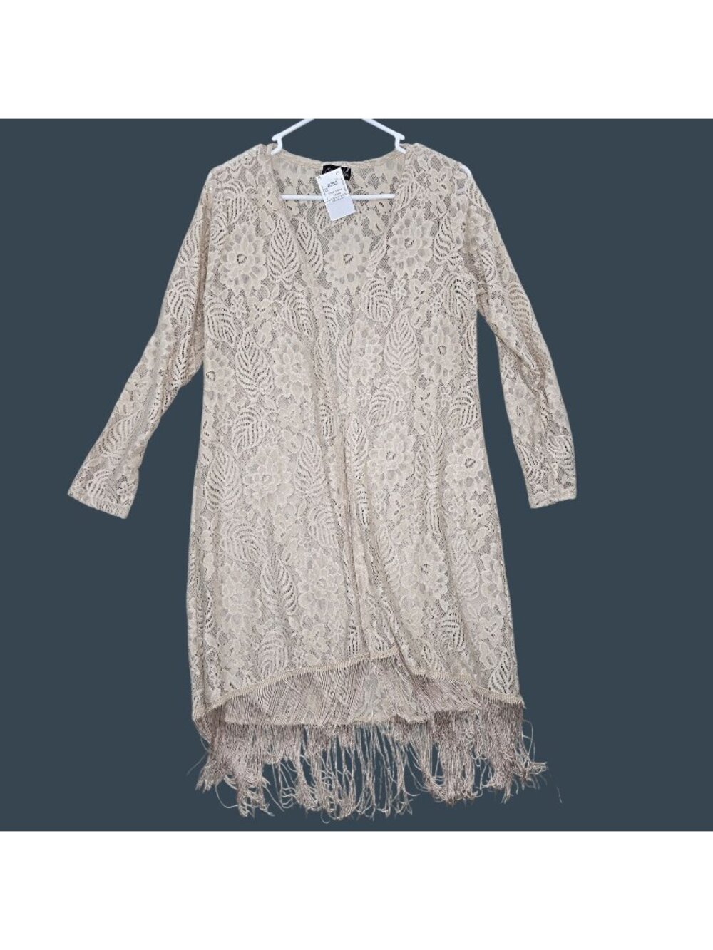 Three-Quarter Sleeve Beige Lace Kimono Duster With Fringe Large